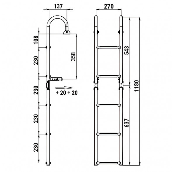 Трап складной с горизонтальным креплением, 5 черных ступени (ширина 270 мм.)