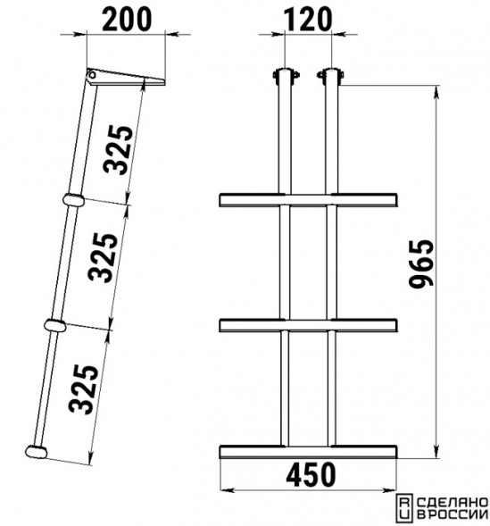 Трап дайверский телескопический складной, 3 черных ступени (ширина 450 мм.)