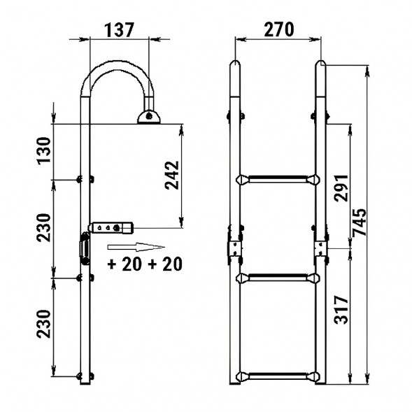 Трап складной с вертикальным креплением, 4 серых ступени (ширина 220 мм.)