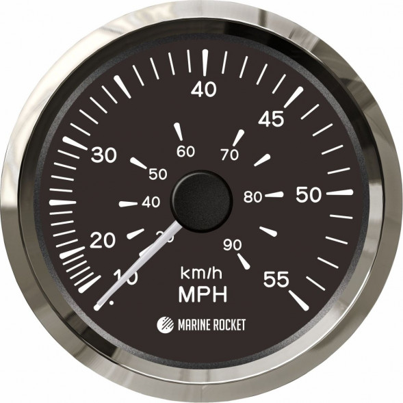 Спидометр манометрический 0-55 MPH, черный циферблат, нержавеющий ободок, д. 85 мм, Marine Rocket