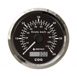 GPS-спидометр аналоговый 0-60 узлов, черный циферблат, нержавеющий ободок, выносная антенна, д. 85 мм, Marine Rocket