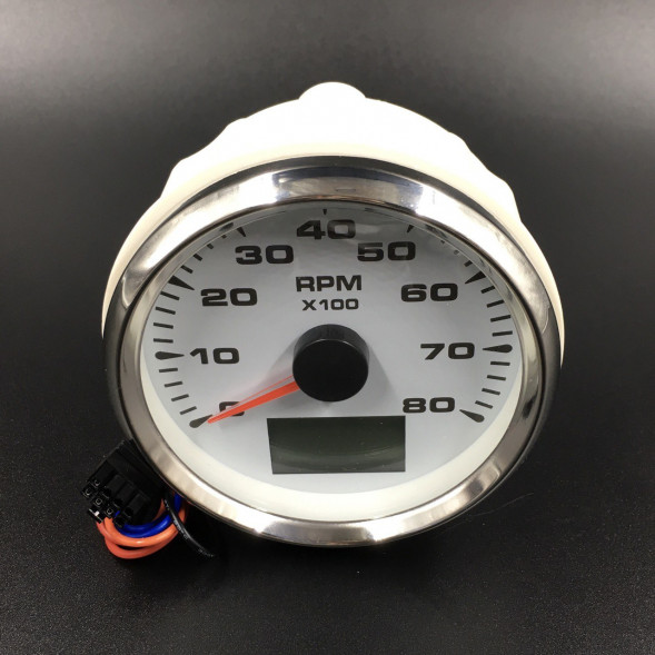 Тахометр аналоговый + моточасы 0-8000 об/мин (белый, хромированный ободок)