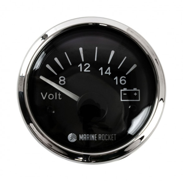 Вольтметр аналоговый 8-16 В, черный циферблат, нержавеющий ободок, д. 52 мм, Marine Rocket