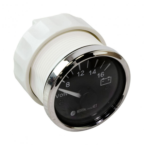 Вольтметр аналоговый 8-16 В, черный циферблат, нержавеющий ободок, д. 52 мм, Marine Rocket