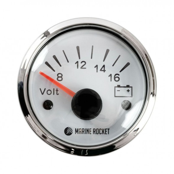 Вольтметр аналоговый 8-16 В, белый циферблат, нержавеющий ободок, д. 52 мм, Marine Rocket