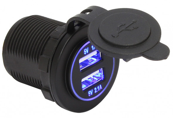 Зарядное гнездо USB, двойное, 12/24В, 5В/2,1 и 1A, подсветка
