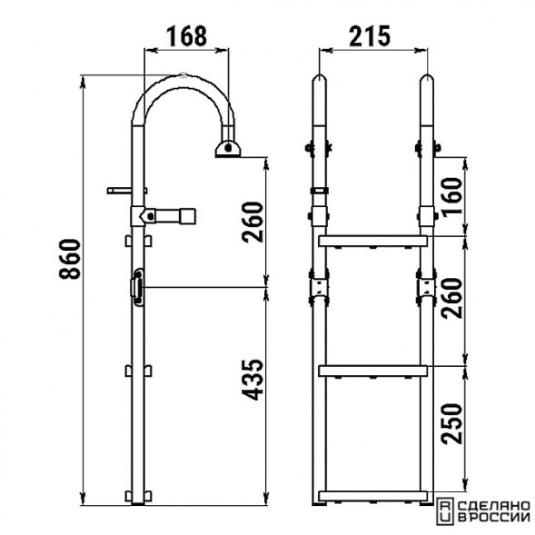 Трап складной с горизонтальным креплением, 3 ступени ироко (ширина 215мм.)