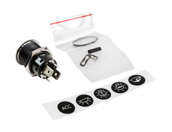 Кнопка без фиксации, подсветка белая, наклейки, 12 В, 20А, 19мм (упаковка из 10 шт.)