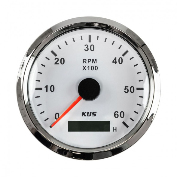 Тахометр 0-6000 об/мин со счетчиком моточасов делитель 1-10, белый циферблат, нержавеющий ободок, Marine Rocket