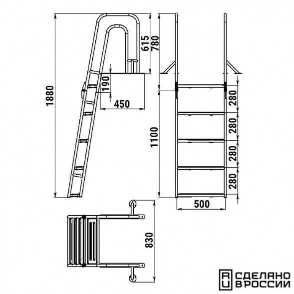 Трап для причальной секции складной, 5 ступени ироко (ширина 500мм.)