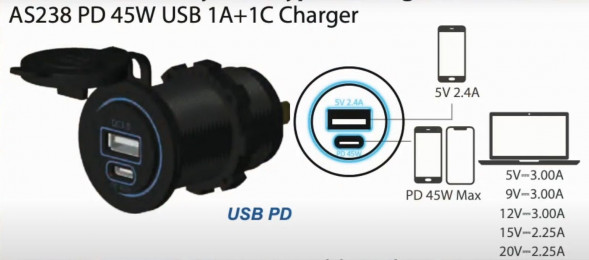 Разъем USB 5В 2.1А и USB PD Type-C, 45 Вт