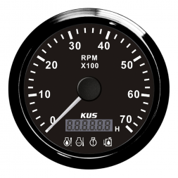 Тахометр KUS 0-7000 об/мин с аварийной сигнализацией Ободок - S.S.316 черного цвета