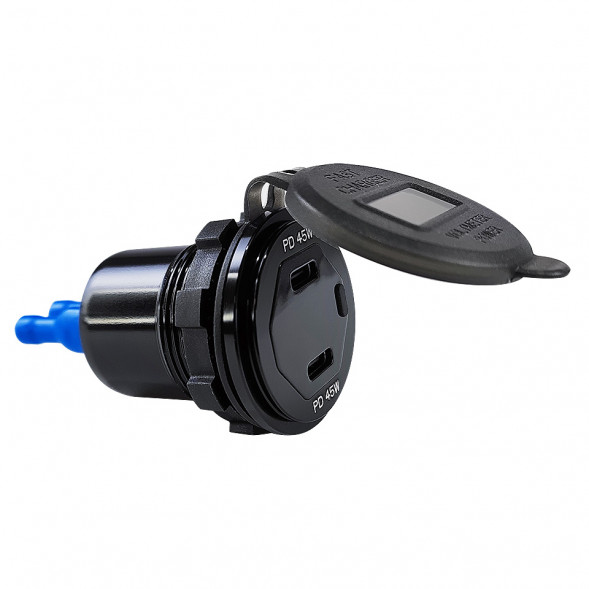 Гнездо зарядное в алюминиевом корпусе, два гнезда Type C + указатель мощности