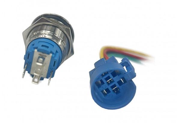 Кнопка с фиксацией в комплекте с контактным разъемом, 12 В 5А, OFF-ON 5P, D19 белая подсветка