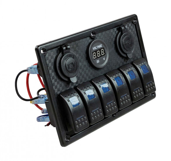 Панель бортового питания 6 переключателей, USB зарядка, разъем прикуривателя, вольтметр