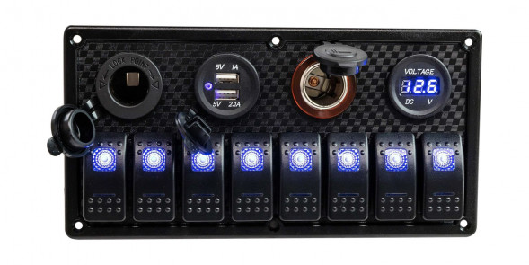 Панель бортового питания 8 переключателей, USB зарядка, розетка, вольтметр, прикуриватель (упаковка из 2 шт.)