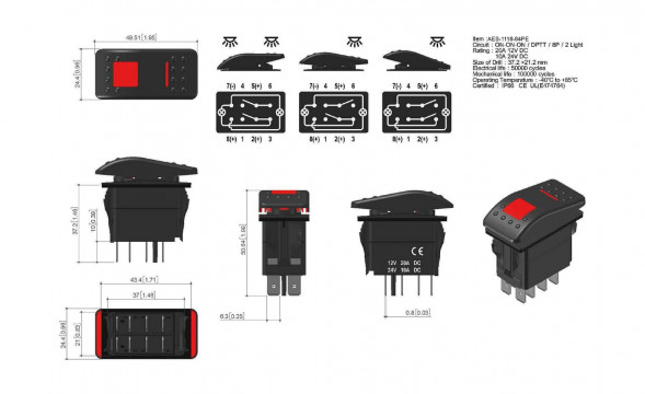 Переключатель трехпозиционный ON-ON-ON 12 В/20А 8Р с подсветкой 2-х положений (упаковка из 10 шт.)