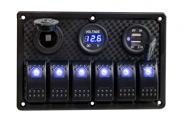 Панель бортового питания 6 переключателей, USB зарядка, разъем прикуривателя, вольтметр (упаковка из 2 шт.)