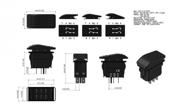 Переключатель трехпозиционный ON-ON-ON 12 В/20А 6Р