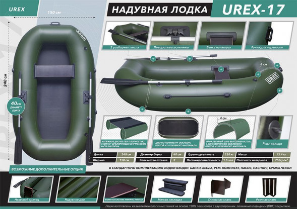 Надувная лодка ПВХ UREX-17, для сплава, зеленая
