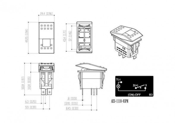 Переключатель двухпозиционный (ON)-OFF 12 В/20А 3Р с подсветкой без фиксации 1 положения (упаковка из 10 шт.)