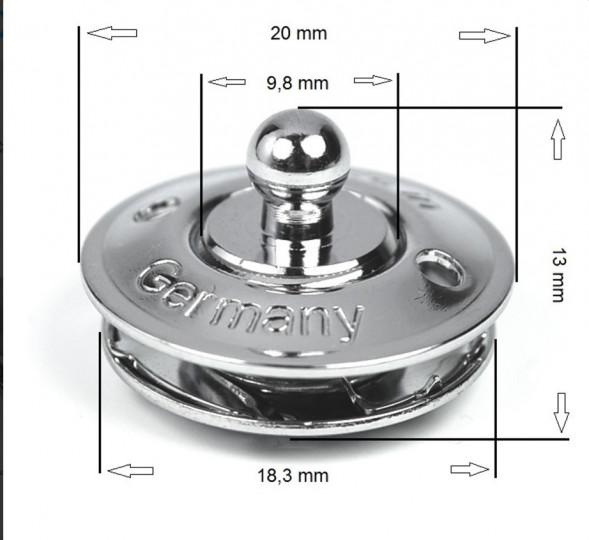 Ответная часть кнопки, крепление к ткани, хромированная латунь