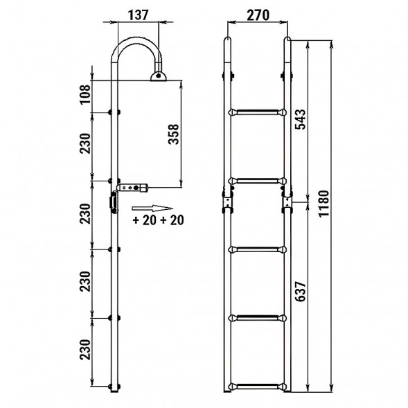 Трап складной с горизонтальным креплением, 5 серых ступени (ширина 270 мм.)