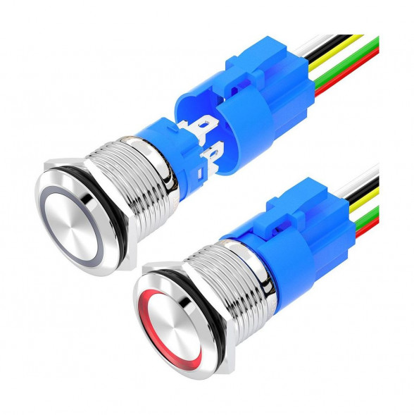 Кнопка без фиксации, подсветка синяя, 12 В, д. 19мм