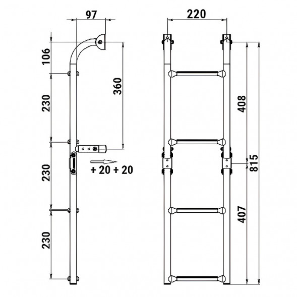 Трап складной с вертикальным креплением, 4 черных ступени (ширина 220 мм.)