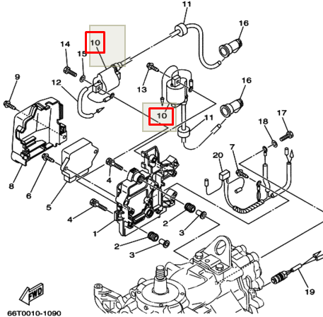 Катушка зажигания высоковольтная Yamaha 40X (6J8-85570-21) (RT)