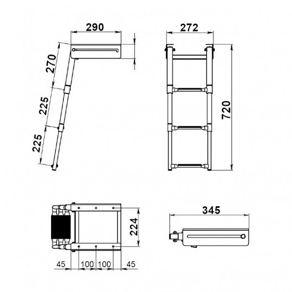 Трап телескопический выдвижной, 3 черных ступени (ширина 272 мм.) AISI 316