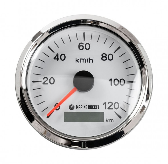 GPS-спидометр аналоговый 0-120 км/ч, белый циферблат, нержавеющий ободок, выносная антенна, д. 85 мм, Marine Rocket (упаковка из 8 шт.)