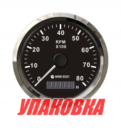 Тахометр 0-8000 об/мин со счетчиком моточасов делитель 1-10, черный циферблат, нержавеющий ободок, Marine Rocket (упаковка из 30 шт.)