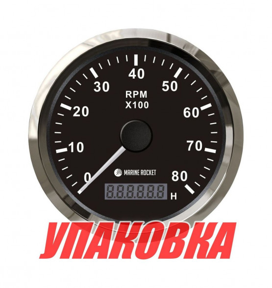 Тахометр 0-8000 об/мин со счетчиком моточасов делитель 1-10, черный циферблат, нержавеющий ободок, Marine Rocket (упаковка из 30 шт.)