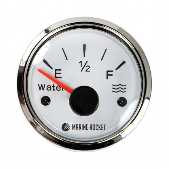 Указатель уровня пресной воды 0-190 Ом (ЕВРО), белый циферблат, нержавеющий ободок, д. 52 мм, Marine Rocket