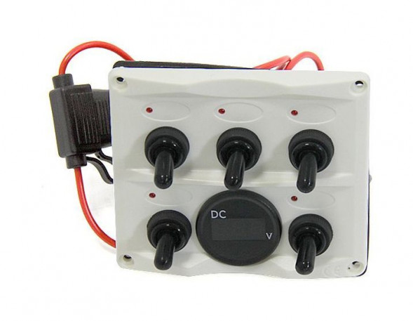Панель бортового питания 5 переключателей, индикация, вольтметр, белая
