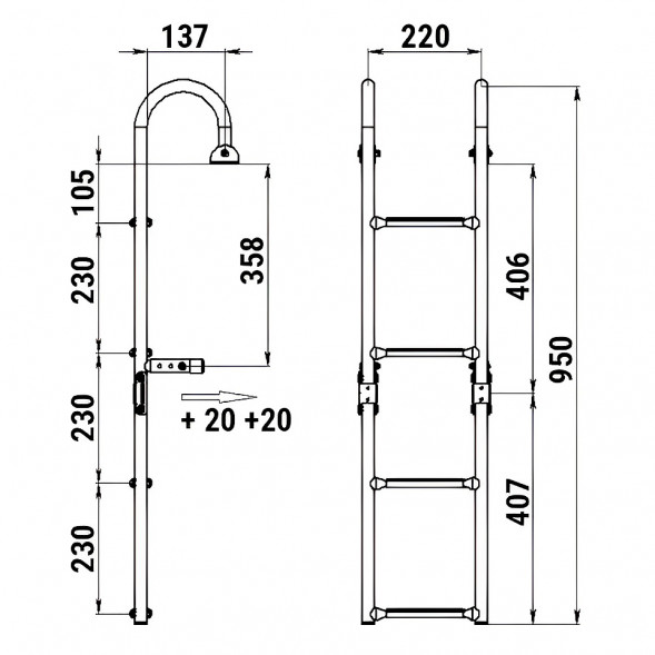 Трап складной с горизонтальным креплением, 4 серых ступени (ширина 220 мм.)